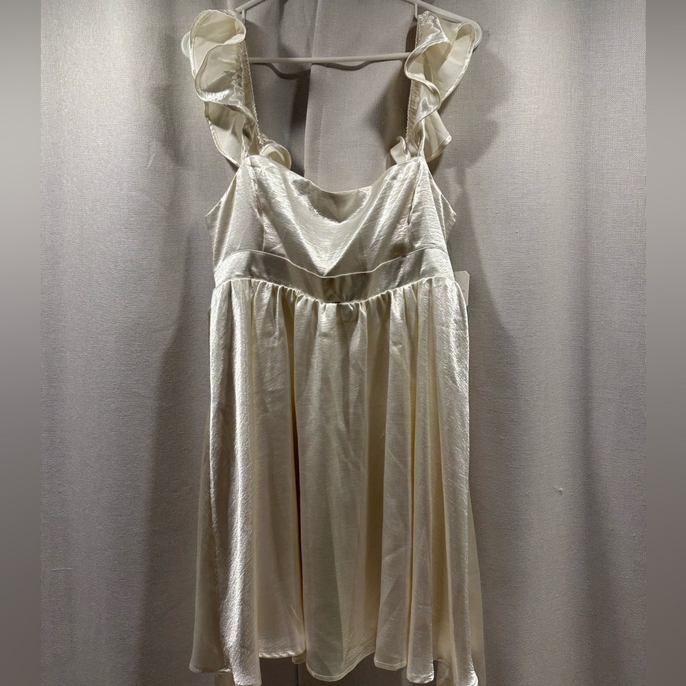 Altar'd State Ivory Satin Ruffle-Strap Mini Dress